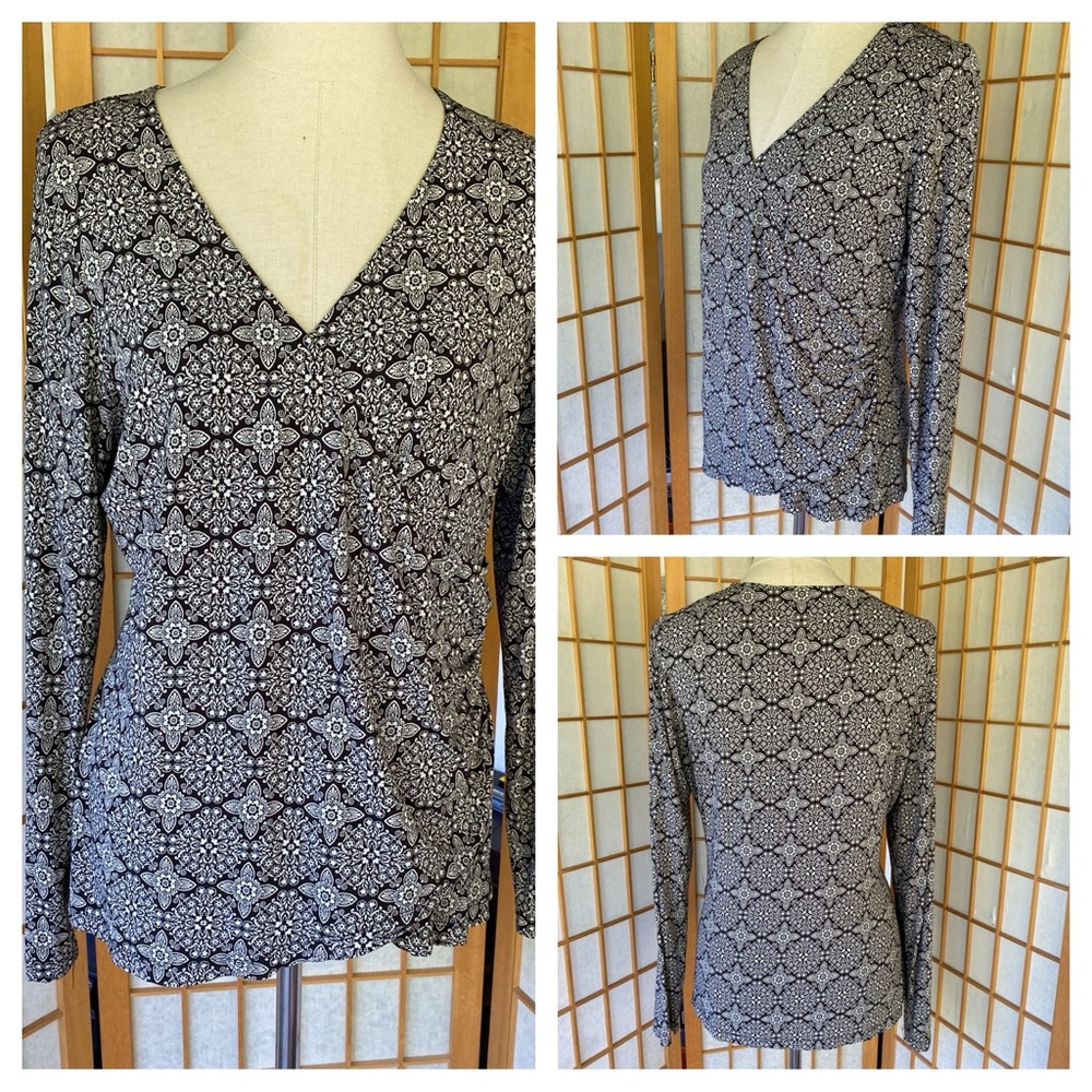 Ann Taylor Loft Black/Grey Print Crossover Stretch Long Sleeve Top SZ XL